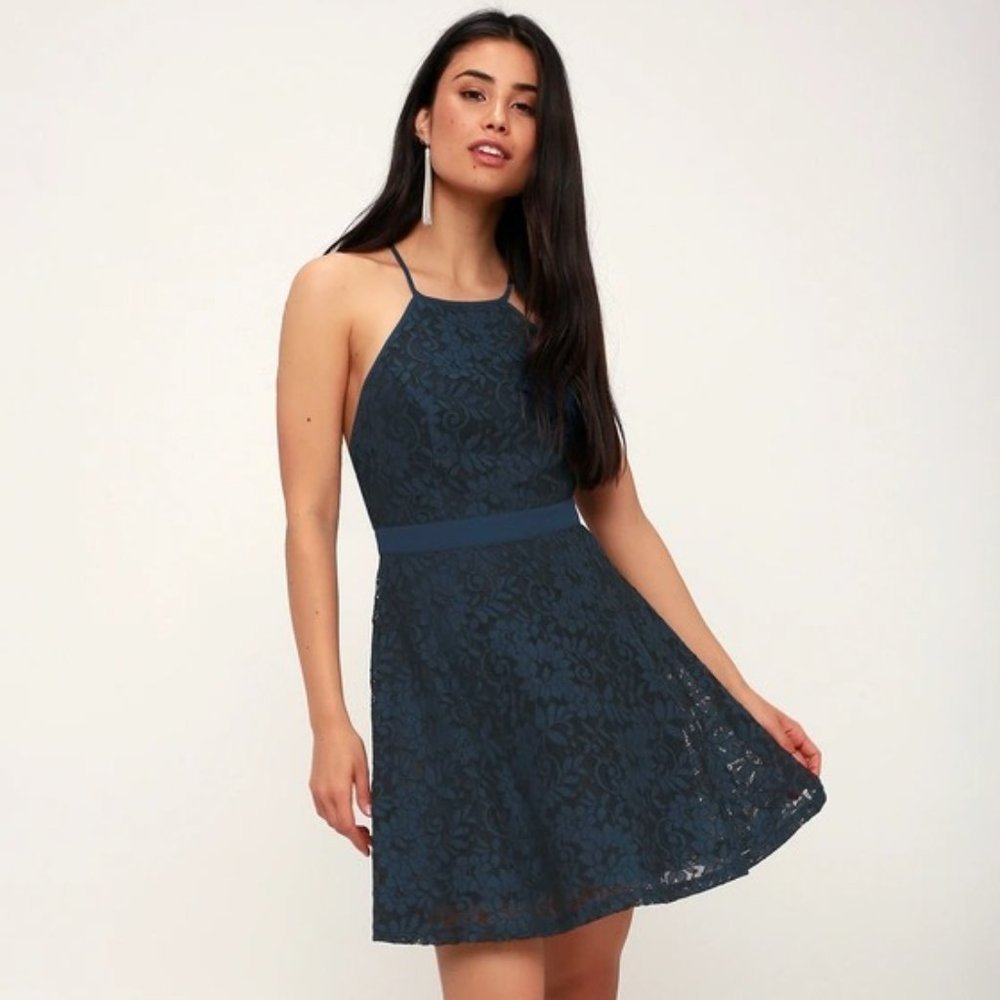 NWOT Lulu's Twirling Around Navy Blue Lace Skater Dress